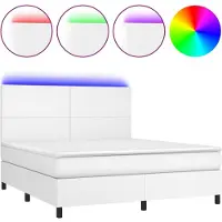 Syfax Cama box spring colchón y LED cuero sintético blanco 180x200 cm