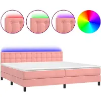 Syfax Cama box spring colchón y LED terciopelo rosa 200x200 cm