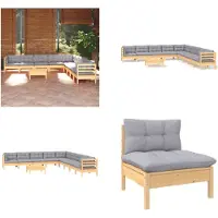 vidaXL Juego de jardín de 10 piezas con cojines grises, fabricado en madera maciza de pino. Incluye: juego de jardín, juegos de jardín, juego de muebles de jardín, conjuntos de muebles de jardín