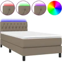 Syfax Cama box spring colchón y luces LED tela gris taupe 90x200 cm