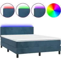 Syfax Cama box spring colchón y LED terciopelo azul oscuro 140x190 cm