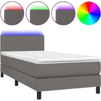 Syfax Cama box spring colchón y LED cuero sintético gris 100x200 cm