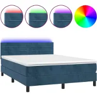 Syfax Cama box spring colchón y LED terciopelo azul oscuro 140x200 cm