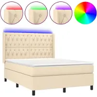 Syfax Cama box spring colchón y luces LED tela crema 140x200 cm