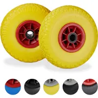 Relaxdays , juego de 2 ruedas para carretillas, neumáticos de goma maciza de 3.00-4", eje de 25 mm, capacidad de hasta 80 kg, 260x85 mm, color amarillo y rojo