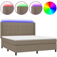 Syfax Cama box spring colchón y luces LED tela gris taupe 180x200 cm