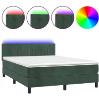 Syfax Cama box spring colchón y LED terciopelo verde oscuro 140x200cm