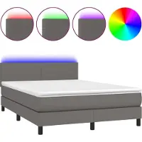 Syfax Cama box spring colchón y LED cuero sintético gris 140x200 cm
