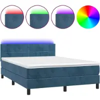 Syfax Cama box spring colchón y LED terciopelo azul oscuro 140x190 cm