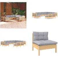 vidaXL Juego de jardín de 11 piezas con cojines grises, fabricado en madera maciza de pino. Juego de jardín, juegos de jardín, juego de muebles de jardín, conjuntos de muebles de jardín
