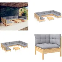vidaXL Juego de jardín de 10 piezas con cojines grises, fabricado en madera maciza de pino. Incluye: juego de jardín, juegos de jardín, juego de muebles de jardín, conjuntos de muebles de jardín