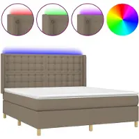 Syfax Cama box spring colchón y luces LED tela gris taupe 180x200 cm