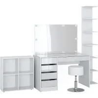 Vicco Tocador Sherry Blanco con espejo, guirnalda LED, taburete, estantería de pie y estante de pared, Model 41637