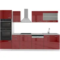 Vicco Mueble de cocina R-Line Rojo de alto brillo 300 cm con armario alto, ET Mármol, Model 30521
