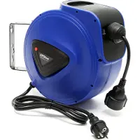XPOtool Carrete automático de cable de 20 metros con soporte de pared, giratorio 180°, incluye material de montaje, carrete automático de corriente