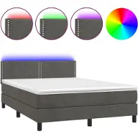 Syfax Cama box spring colchón y LED terciopelo gris oscuro 140x200 cm