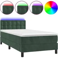 Syfax Cama box spring colchón y LED terciopelo verde oscuro 90x190 cm