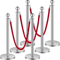 OEM VEVOR: Barreras de seguridad (6 unidades) con 3 cuerdas de terciopelo rojo (1,5 m de largo). Barreras de acero inoxidable con base rellenable, ideales para ferias y eventos