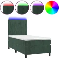 Syfax Cama box spring colchón y LED terciopelo verde oscuro 90x190 cm