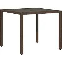 Syfax Mesa de jardín superficie de vidrio ratán PE marrón 90x90x75 cm