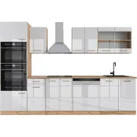 Vicco Mueble de cocina R-Line Blanco brillo intenso/roble dorado 300 cm con armario alto, ET Roble, Model 43014