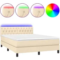 Syfax Cama box spring colchón y luces LED tela crema 140x190 cm