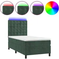 Syfax Cama box spring colchón y LED terciopelo verde oscuro 90x200 cm