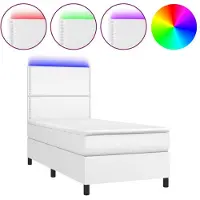 Syfax Cama box spring colchón y LED cuero sintético blanco 100x200 cm
