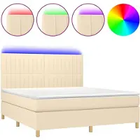 Syfax Cama box spring colchón y luces LED tela crema 160x200 cm