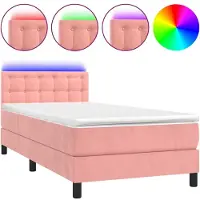 Syfax Cama box spring colchón y LED terciopelo rosa 100x200 cm