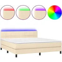 Syfax Cama box spring colchón y luces LED tela crema 180x200 cm