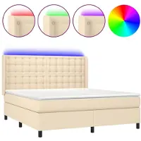 Syfax Cama box spring colchón y luces LED tela crema 180x200 cm