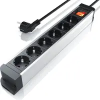 Arendo Regleta de enchufes de aluminio de 6 tomas, con interruptor iluminado, protección para niños, hasta 3680 W, IP20, para montaje en pared, cable de 1,5 m, con enchufes Schuko, color plateado-negro