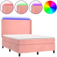 Syfax Cama box spring colchón y LED terciopelo rosa 140x190 cm