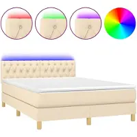 Syfax Cama box spring colchón y luces LED tela crema 140x190 cm