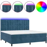Syfax Cama box spring colchón y LED terciopelo azul oscuro 200x200 cm