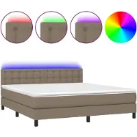 Syfax Cama box spring colchón y luces LED tela gris taupe 180x200 cm