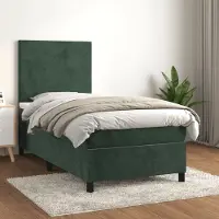 Prolenta Maison Exclusive: Base de cama con somier y colchón, color verde oscuro, 100x200 cm, tapizada en terciopelo