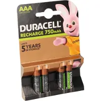 Duracell Baterías recargables , 4 unidades, tipo AAA, 1,2V, 750mAh, tecnología NiMH, en blíster