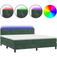 Syfax Cama box spring colchón y LED terciopelo verde oscuro 160x200cm