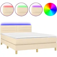 Syfax Cama box spring colchón y luces LED tela crema 140x190 cm