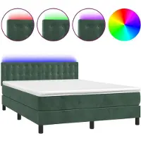Syfax Cama box spring colchón y LED terciopelo verde oscuro 140x190cm