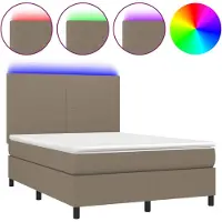Syfax Cama box spring colchón y luces LED tela gris taupe 140x200 cm