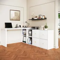 OKWISH Mesa de escritorio con superficie giratoria de 360°, en forma de L o recta, escritorio para ordenador con 4 compartimentos y 4 cajones, diseño flexible, color blanco