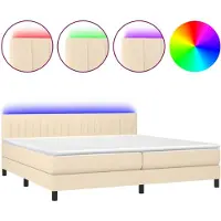 Syfax Cama box spring colchón y luces LED tela crema 200x200 cm