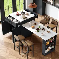 Flieks Mesa extensible para comedor, mesa alta, mesa de cocina con 2 cajones y 4 compartimentos, mesa de comedor con espacio de almacenamiento, isla de cocina multifuncional, color