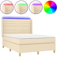 Syfax Cama box spring colchón y luces LED tela crema 140x200 cm