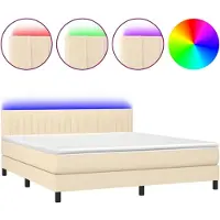 Syfax Cama box spring colchón y luces LED tela crema 160x200 cm