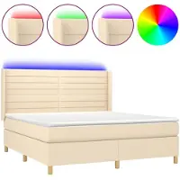 Syfax Cama box spring colchón y luces LED tela crema 160x200 cm