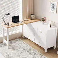 Flieks Escritorio con cajonera, mesa de trabajo, escritorio de esquina con tablero giratorio de 360°, aparador con 7 cajones, 120x40x70 cm, blanco